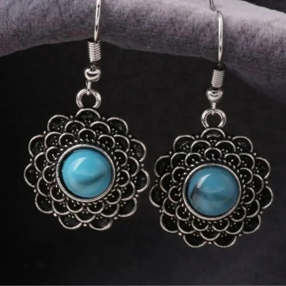 Turquoise Antiqued Silver Flower Earrings